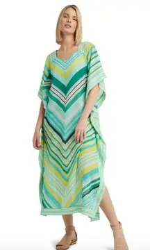 NWT H Halston Caftan Dress In Veriegated Stripe Beach Glass