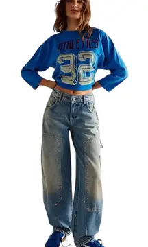New Free People We The Free Loren Medium Wash Paint Carpenter Barrel Jeans  29