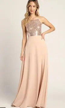 Lulus  Champagne Sequin Maxi Halter Bridal Dress Formal XS