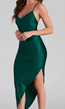 WINDSOR Hunter Green The Minimal High Slit Asymmetrical Midi Dress