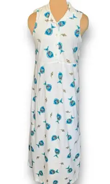 Vintage 90s White Cotton Maxi Shirt Dress Fish Seashell Shell Print Sleeveless