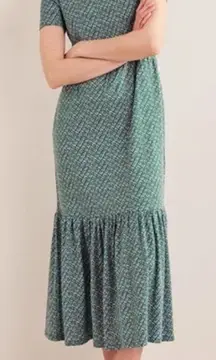 Boden Womens Emma Tiered Jersey Midi Dress Bottle Green‎ Bloom Bud 14 R