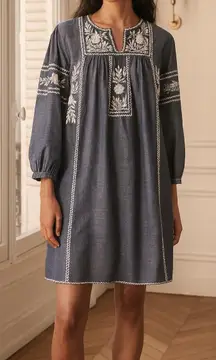 Roller Rabbit Abigail Dress Size Medium Boho Embroidered Blue White Cotton Tunic