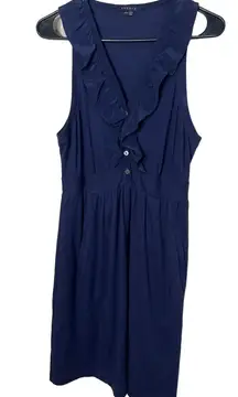 Theory Dress Size‎ M Navy Blue Silk Ruffled Trim V Neck Empire Waist Pockets
