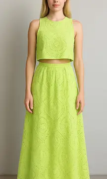 Milk & Honey Lime Green Eyelet Two Piece Set Crop Top and Midi Skirt Large Boho