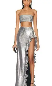 David Koma Ruffle Open Leg Sequin Maxi Skirt in Silver UK 10 US 6 New Womens