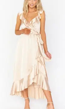 Show Me Your Mumu Samantha Ruffle Wrap Satin‎ Midi Dress Champagne Small