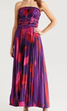 Hutch Sabina‎ Floral Tiered Plissé Gown purple brushstroke