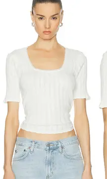 RE/DONE Pointelle Scoop Neck Tee Top Blouse Ruffle Cottage White Size Large L