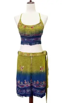 Flower Tie Dye Crop Top Wrap Skirt Set Free Size Boho Festival India Blue Green