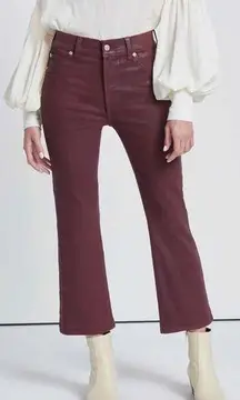 7FAM • High Waist Slim Kick in Coated Ruby Rust crop flare maroon burgundy ankle