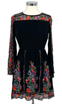 Topshop Floral Bell Sleeve A-Line Mini Dress Black Multicolor Size 4