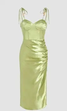 Cider NWT Satin Green Corset Ruched Midi Dress Slits Beads Tie Up Straps S 4  $32