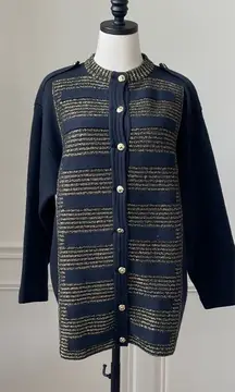 Barra of Italy Wool Blend Navy Blue Metallic Gold Military Style Button Cardigan