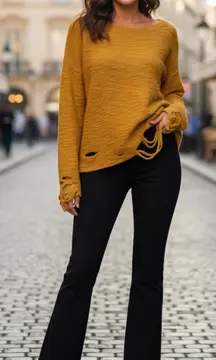 Gilded Intent Shredded distressed Mustard Sweater XL 