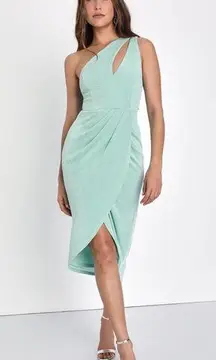 Lulus NWT  Fabulous Forever Mint Green One-Shoulder Cutout Tulip Midi Dress Size