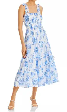 AQUA Floral Midi Dress Smocked Tie Strap Tiered Casual Summer White Blue L‎