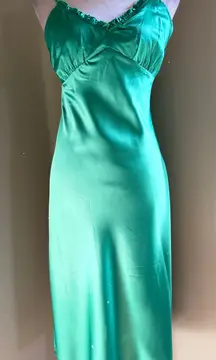 Green Silky Slip Dress Midi Ruffle boho fairy cottage whimsi Y2K 90's