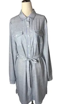 Joy Joy Dress Women Large Blue White Striped Button Front Tie Waist‎ Shirt NWT
