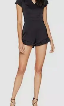 Bebe‎ Ruffle Hem V-Neck Short Sleeve Stretch Satin Romper Jet Black Size 4