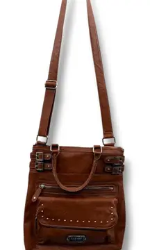 Nine West Brown Faux Leather Crossbody Bag Studded Zip Pocket Shoulder Purse