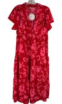 NEW Umgee Collared Tiered Midi Dress Size Small Red Pink Short Sleeve Split Neck