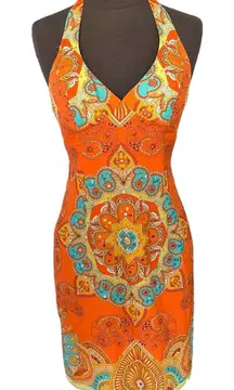 Y2K Muse Boston Proper Halter Mini Dress Mandala Sequin Silk Orange Women Size 2