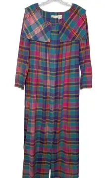 Vintage 80s Annie Plaid Maxi Dress Oversized Collar Cotton Cottagecore Medium