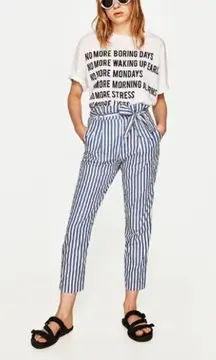 Zara Trafaluc Pinstripe Paperbag Woven Trousers Blue and White Size XS