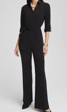 Chico’s Jersey Maxi Jumpsuit Roll Tab Long Sleeve Button Front Black XXL 20/22