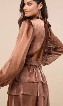 Lulus Ideal Behavior Bronze Metallic Backless Tiered Mini
Dress
