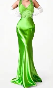 Neon Green Beaded Satin Maxi Bodycon Formal Prom Dress Size S