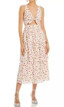 WAYF  Jaci Tie Front Cutout Floral Midi Dress Tiered Skirt White Pink M NWT