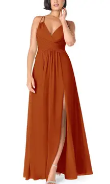 Azazie Paprika A line Pleated Chiffon Long Dress Farren Bridesmaid Formal Orange