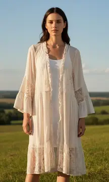 Easel Cream Lace Romantic Boho Ruffle Duster Cardigan Kimono Jacket Size Large