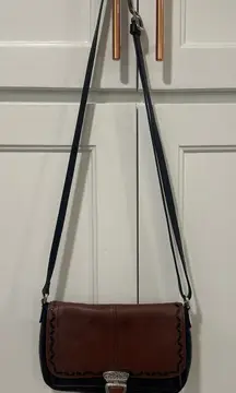 VTG Brighton Brown Black Leather Crossbody Shoulder Bag Buckle Detail