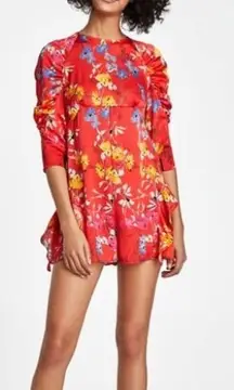 ZARA NWT  Red Japanese Floral Ruffle Puff Sleeve Ruched Satin Romper Small