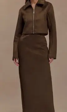 MESHKI Hayes Faux Vegan Suede Midi Maxi Skirt in Chocolate Brown Size XS NWT