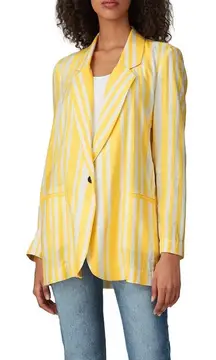 Willow Meyer Blazer‎ Women's Small Yellow White Striped Linen Blend Long Sleeve