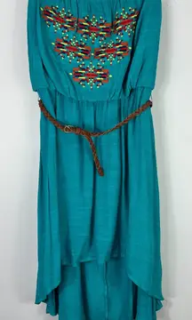 American Rag‎ Dress XL Teal Embroidered Strapless Belted Boho Festival Indie Y2K