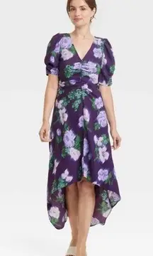 A New Day Navy Purple Floral Crepe Short Sleeve Hi Low Midi V-Neck Dress S