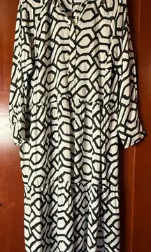 H&M Monochrome Patterned Drop Waist Dress With Long Sleeves