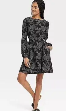 Universal Thread Balloon Long Sleeve Mini A-Line Dress - Black Floral Women's XS