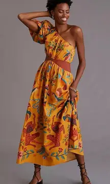 One Shoulder Tropical Print Maxi Dress