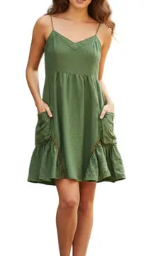 Free People Cami Mini Dress Silk-Linen Blend Sage Green Size 8 Boho Pockets