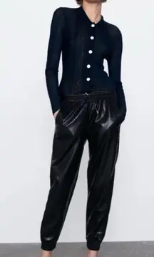 Zara Black Faux Leather Joggers Pants Womens Size Small Scrunch Waist Pull On