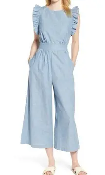1901 Nordstrom Ruffle Sleeve Crop Wide Leg Romper Cotton Chambray Blue Size 14