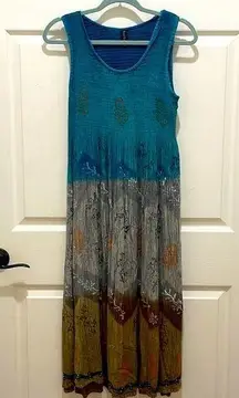 Sacred Threads Turquoise Ombre Tribal Print Smocked Tank Top Dress