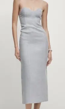 Massimo‎ Dutti Studio Linen Midi Dress Sweetheart Neckline Strapless Blue Large