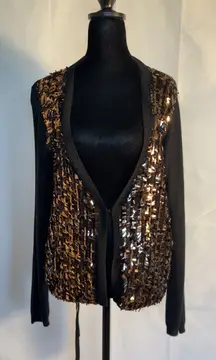 Ellen Tracy Open Cardigan Sweater Knit Sparkly Sequin Long Sleeve Black Womens L